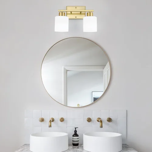 Miniatura 6 de WILON 2 luces doradas cepilladas, accesorios de iluminación de tocador de baño con pantallas de vidrio esmerilado blanco leche, modernas luces