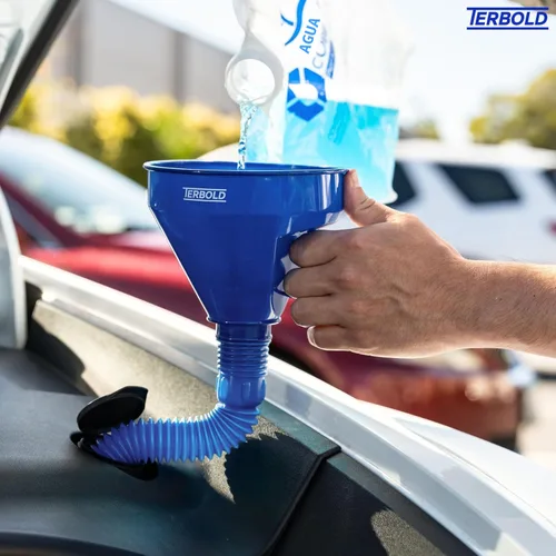 Miniatura 2 de Embudo flexible automotriz con manguera Embudo de aceite flexible de boca ancha para uso automotriz – gas, líquido de transmisión, combustible Azul