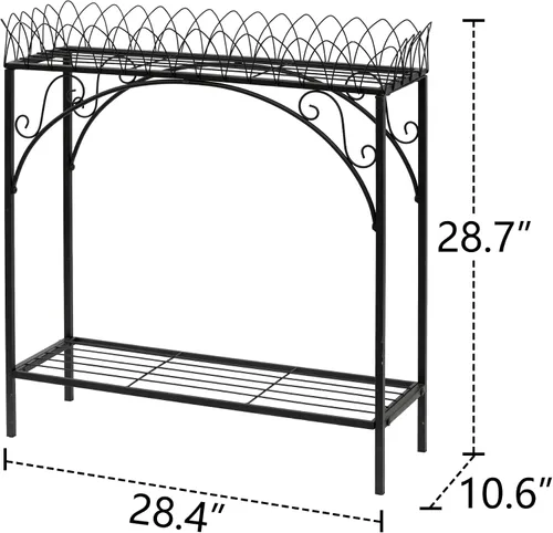 Miniatura 6 de Estante largo negro de doble capa, soporte de metal estilo patio francés para plantas altas en maceta, soporte resistente para macetas interiores