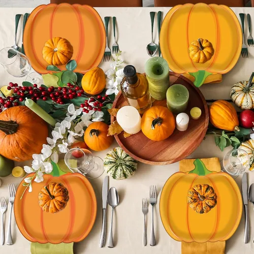 Miniatura 7 de 50 platos de papel de calabaza, platos desechables de calabaza de otoño, platos de postre de Acción de Gracias, platos de fiesta naranja