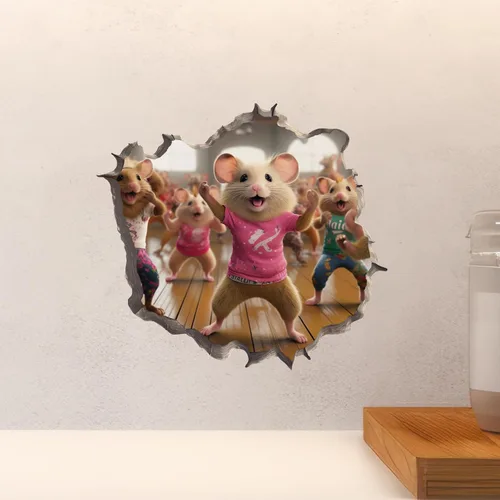 Miniatura 4 de Cardio Dance Workout Mice in Mouse Hole Calcomanía - Pegatina de pared 3D con agujero de ratón
