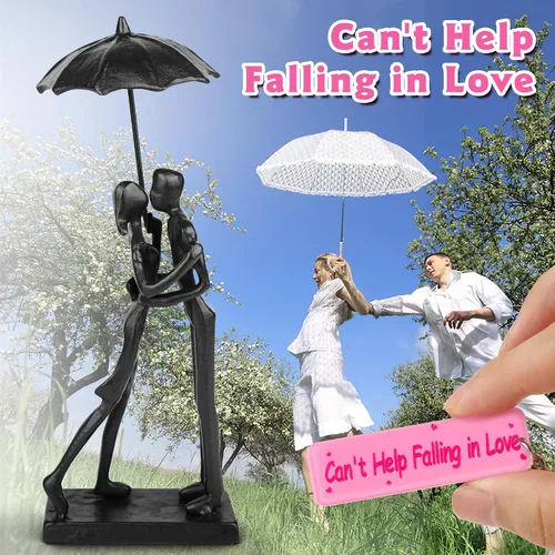 Miniatura 4 de Kresecioo Aniversario para pareja/ella, estatua de pareja cariñosa besándose debajo del paraguas, escultura de hierro fundido hecha a mano