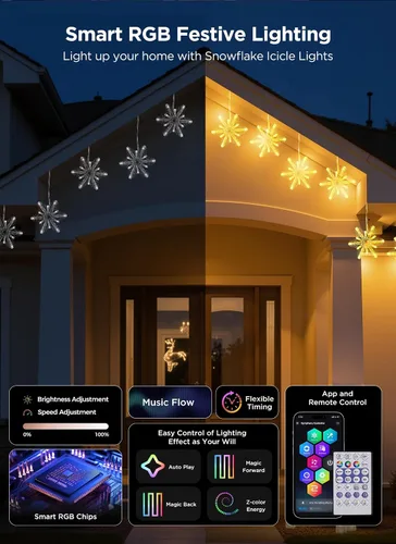 Miniatura 4 de Brightown - Luces colgantes inteligentes de copo de nieve, 12 pies, 96 ledes, 8 gotas, sincroniza con música, control desde la app, impermeable, más