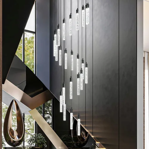 Miniatura 9 de Candelabro moderno de 9 luces para sala de estar, lámparas colgantes de techo de cristal negro, LED, regulables, 54 W, 6000 K, escaleras, grandes