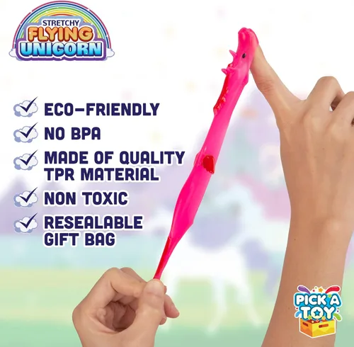 Miniatura 2 de PICK A TOY Juguetes de unicornio para regalo para niñas y niños, 24 piezas de goma de dedos centelleantes elásticas para niños, bolsa de regalo
