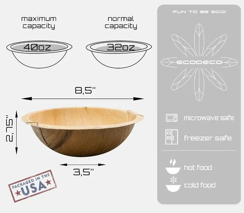 Miniatura 2 de ECODECO Cuencos para servir de hoja de palmera, 25 platos profundos naturales grandes de 8.5 pulgadas, 40 onzas, desechables como platos de fiesta