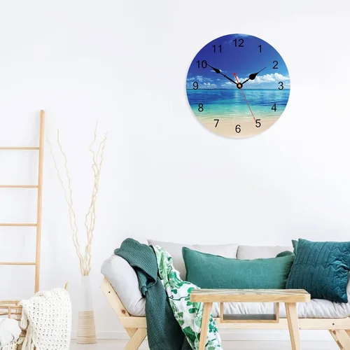 Miniatura 6 de TAHEAT Reloj de pared de playa costera, decoración náutica azul para baño, decorativo, funciona con pilas, silencioso, sin tictac, para sala