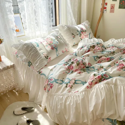 LELVA Juego de funda de edredón con diseño de arrugas vintage, diseño floral, romántico, con volantes, para niñas, 4 piezas, falda de cama blanca