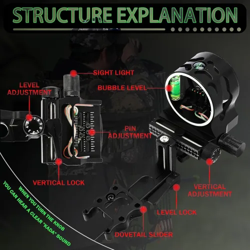 Miniatura 5 de 5-Pin Compound Bow Sight - with Level & Height Micro-Adjustable, Aluminum Alloy Hunting Sight for Right/Left Hand, Includes Sight Light & Tools