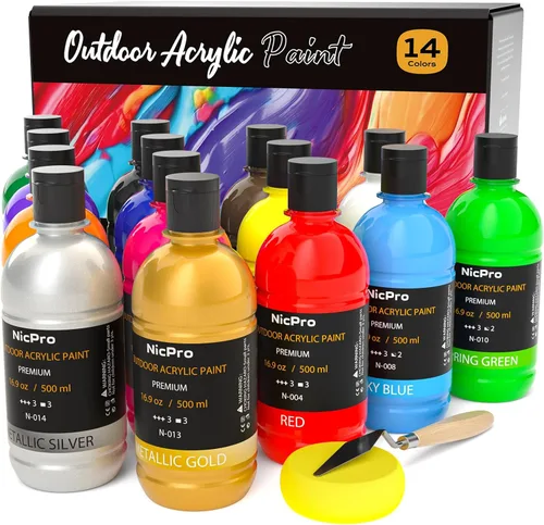 Nicpro Juego de pintura acrílica al aire libre de gran volumen de 14 colores (500 ml, 16.9 oz) Suministros de pintura artística ricos, no tóxicos