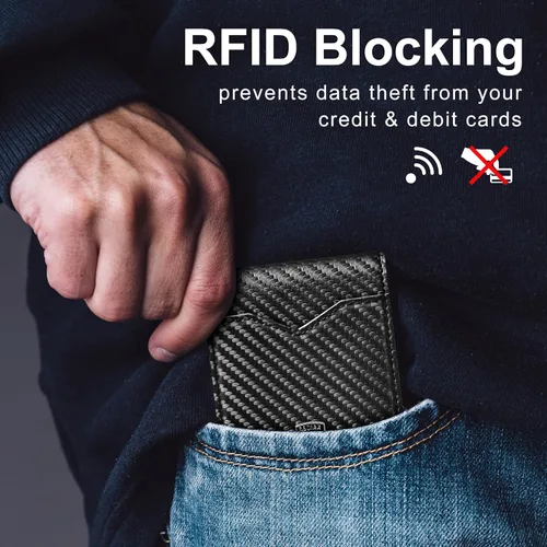 Miniatura 4 de GSOIAX Billetera delgada para hombre minimalista de cuero genuino fibra de carbono con bloqueo RFID de cuero vacuno plegable con caja de regalo