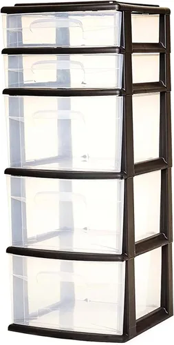 Miniatura 5 de HOMZ Torre de cajones, unidad organizadora de almacenamiento de plástico transparente de 5 niveles, marco negro, cajones multiusos para dormitorio