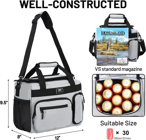 Miniatura 4 de MIER Lonchera térmica a prueba de fugas para adultos, hombres y mujeres, bolsa enfriadora de 30 latas con tapa superior abatible, 18 litros, Gris