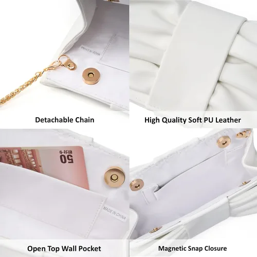 Miniatura 6 de Elegante bolso de mano con lazo para mujer, suave y plisado, bolsa de noche de poliuretano con cadena desmontable para fiesta de graduación, boda