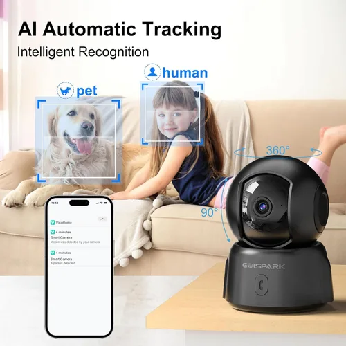 Miniatura 3 de GOLSPARK Cámara de seguridad para interiores 2K para monitor de bebé, cámara WiFi 360 de 2.4 GHz para mascotas con visión nocturna, detección