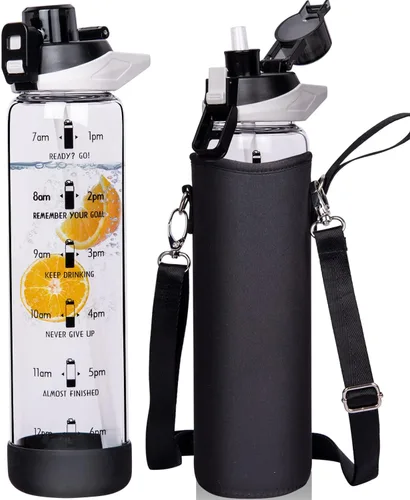 Botella de agua deportiva de vidrio de 32 onzas con popote y marcador de tiempo, botella de vidrio motivacional reutilizable grande para agua Negro