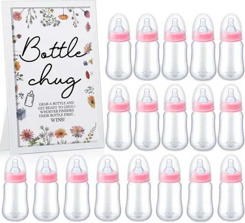 Miniatura 25 de Roowest Bottle Chug Baby Shower Games Favores que incluyen 18 botellas con 1 botella de chug de madera para revelación de género y suministros