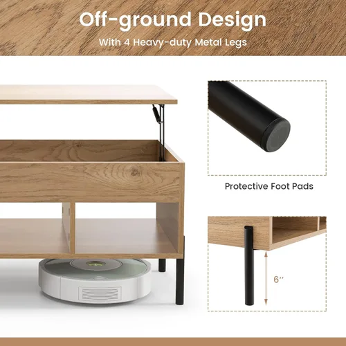 Miniatura 7 de Giantex Mesa auxiliar elevable, mesa rectangular de madera con compartimento oculto y estantes de almacenamiento abiertos, mesa central moderna