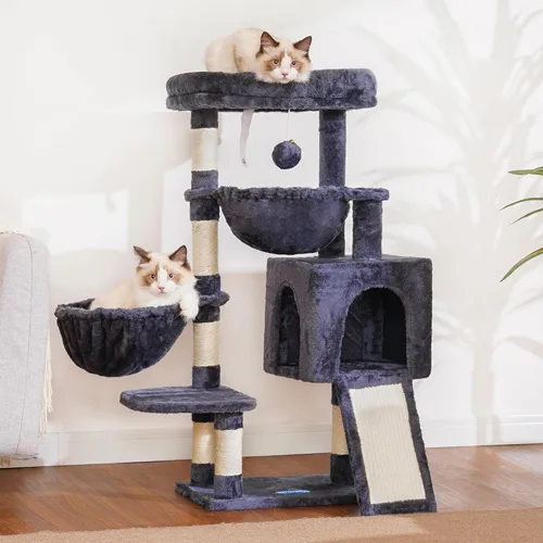 Miniatura 2 de Hey-brother Árbol para gatos, torre para gatos de interior, casa para gatos con cama acolchada grande, acogedor condominio, hamacas, postes Gris