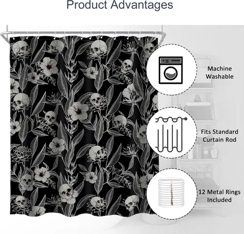 Miniatura 5 de AMBZEK Cortina de ducha con diseño floral de calavera gótica, 60 pulgadas de ancho x 72 pulgadas de largo, para hombre, esqueleto gótico