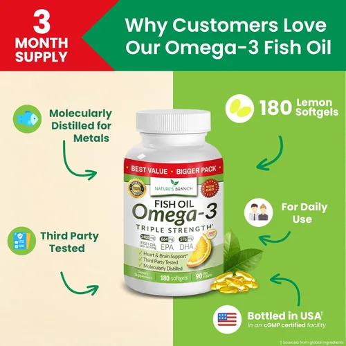Miniatura 3 de Aceite de pescado Omega 3 de triple fuerza para la salud del corazón, el cerebro y los ojos - Aceite de pescado EPA y DHA para hombres y mujeres