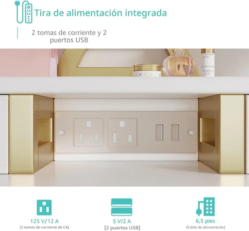 Miniatura 5 de Pequeño escritorio de maquillaje con luces, juego de tocador para niñas de 31 pulgadas con espejo y silla, tocador de maquillaje con cajones y toma