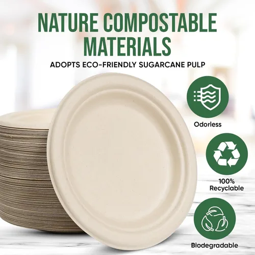 Miniatura 5 de TaidMiao Paquete de 100 platos de papel de 7 pulgadas, platos desechables 100% compostables, platos de postre resistentes, platos de caña de azúcar