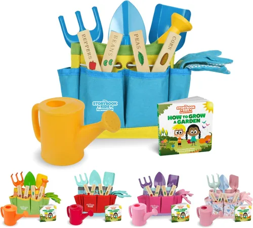 Juego de jardinería para niños – El kit de jardinería para niños pequeños incluye regadera para niños, pala, rastrillo, estacas para plantas, Azul
