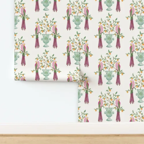 Miniatura 4 de Muestra de papel tapiz extraíble – Pájaros botánicos tropicales loro cítrico floral caprichoso vid hojas naranja limón italiano personalizado