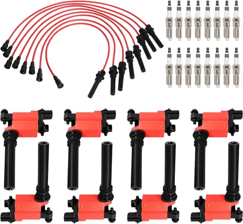 ENA Juego de 8 bobinas de encendido rojas con juego de cables rojos y 16 bujías compatibles con Chrysler Dodge Jeep Ram 1500 2500 3500 Magnum Grand