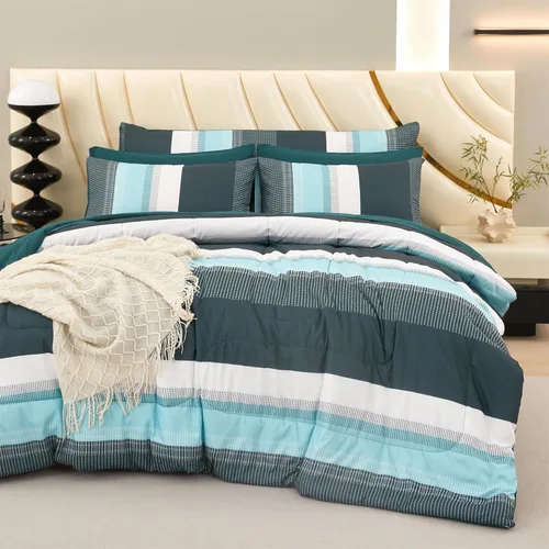 Miniatura 17 de RYNGHIPY Juego de edredón de tamaño matrimonial, color beige y gris, a rayas, para hombres y niños, juego de ropa de cama suave para todas