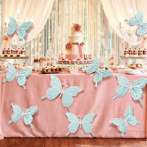 Miniatura 6 de Geyee 12 piezas de decoración de fiesta de mariposa grande 3D de 12 pulgadas, 10 pulgadas, centros de mesa de mariposa grandes para mesas, baby Azul