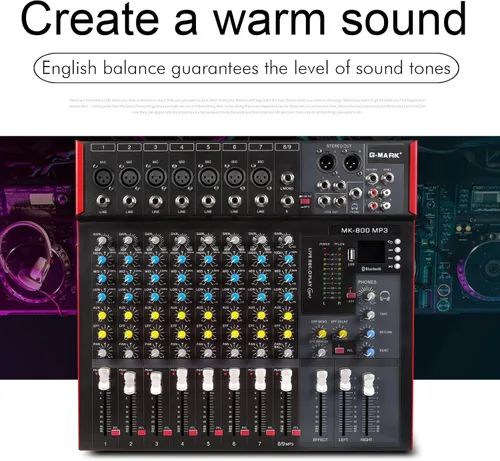Miniatura 8 de G-MARK MK800MP3 Mezclador de audio profesional Placa de sonido 8 canales Consola de mezcla con reproductor de MP3+48V Phantom Power Digital USB