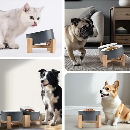 Miniatura 8 de SPUNKYJUNKY Cuenco de cerámica inclinado de 15° para perros y gatos con soporte de madera, cuenco inclinado para comida y agua para bulldog