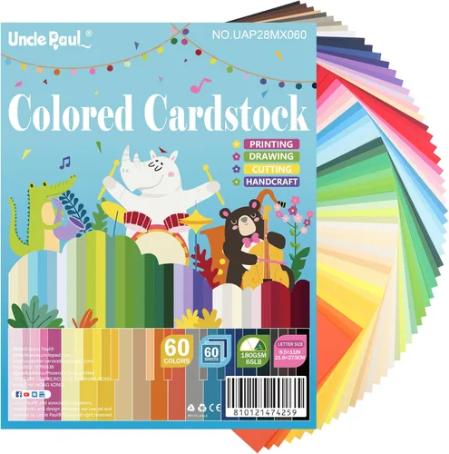 60 hojas de cartulina de colores - 60 colores mixtos, papel de cartulina de 8.5"x11", grosor 180gsm/65lb, papel de impresora para hacer tarjetas,