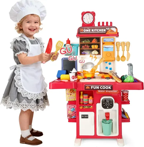 Juego de cocina de juguete mejorado para niños y niñas, juego de mini cocina con fregadero de rociado y iluminación realista, juguetes de cocina Rojo