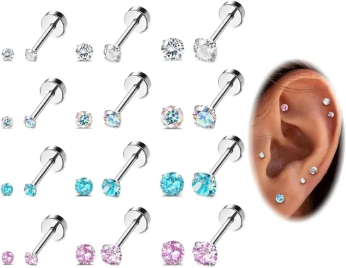 JOERICA 12 pares de aretes tipo dormilona de acero inoxidable de 0.71 oz con circonita cúbica para mujeres y hombres, para cartílago, hélice, 0.079