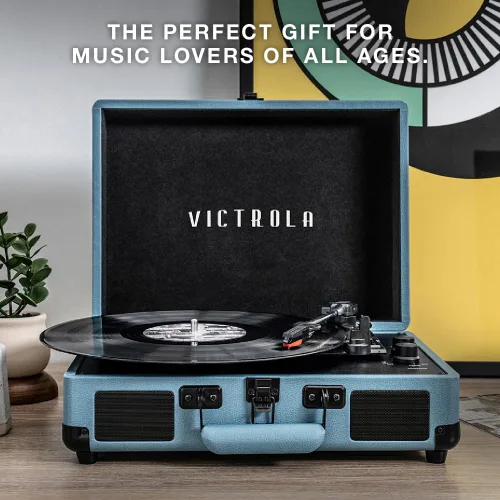 Miniatura 8 de Victrola Journey - Tocadiscos portátil de maleta con Bluetooth, con altavoces integrados, reproductor de discos de vinilo de 3 velocidades, salida