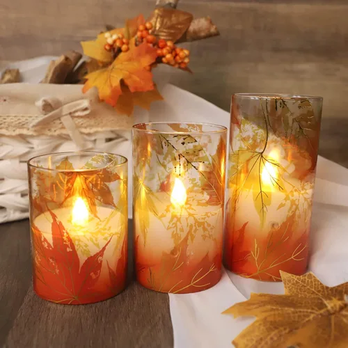 Miniatura 7 de Crystal Club Velas sin llama de otoño, hojas de arce de otoño, velas LED parpadeantes con control remoto y temporizador, velas de pilar con efecto