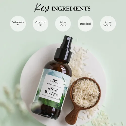 Miniatura 4 de Baja Basics, Agua de arroz para el crecimiento del cabello, grueso, fuerza, brillo, acondicionador sin enjuague para cuero cabelludo, hidratante