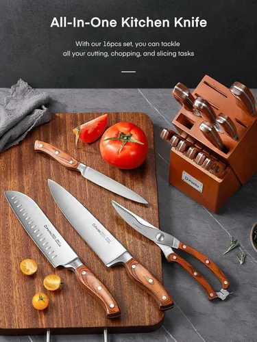 Miniatura 8 de Juego de cuchillos con bloque, juego de 16 piezas de cuchillos de cocina de acero inoxidable con afilador y bloque de madera, juego de bloque