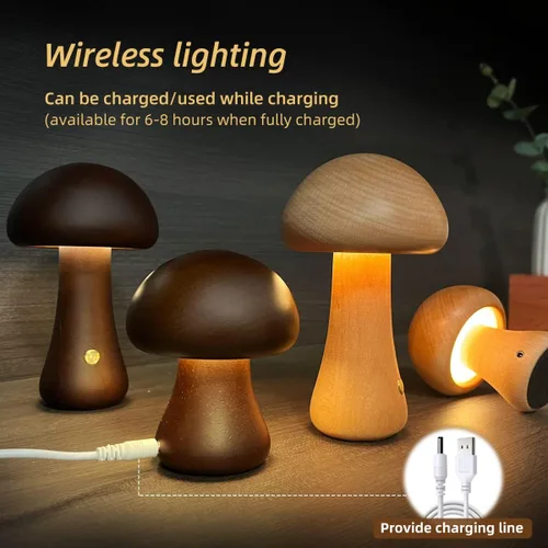 Miniatura 4 de Lámpara única pequeña de madera con forma de hongos, decoración de setas, lámpara de noche, lámpara de hongo recargable para decoración del hogar