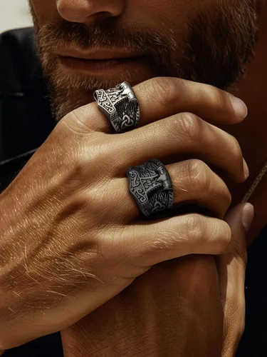 Miniatura 7 de FaithHeart Norse Viking Jewelry - Anillo de acero inoxidable de guerrero para hombre con diseño vikingo de cabeza de lobomartillo de Thor