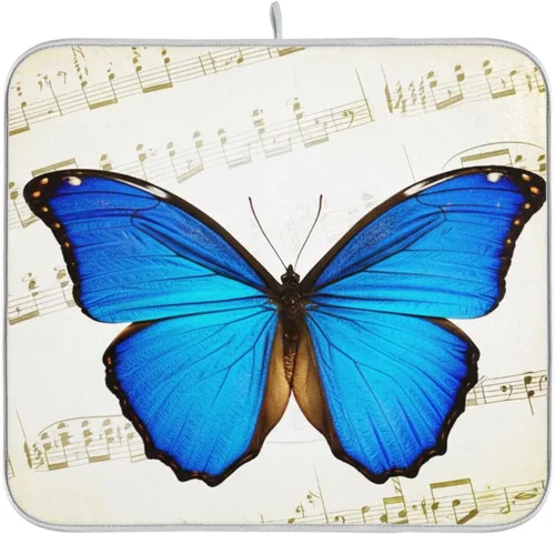 Miniatura 8 de Blue Butterfly Retro Musical Notes Dish Drying Mat, Reversible Coffee Mat, Quick Drying Dishes Draining Rack Pad for Kitchen Countertop Decor 18 x