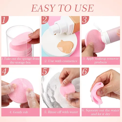 Miniatura 6 de Dandat 20 esponjas redondas de maquillaje con recipiente acrílico, esponja cosmética compacta, almohadilla de espuma redonda, maquillaje facial