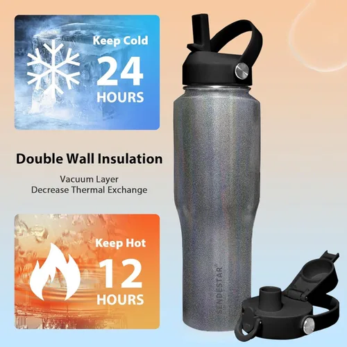 Miniatura 3 de SENDESTAR Botella de agua de acero inoxidable de 40 onzas (fría durante 48 horas, caliente durante 24 horas), botella aislada al vacío de doble Gris