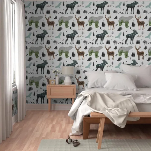 Miniatura 5 de Spoonflower Papel tapiz para despegar y pegar, diseño de animales del bosque ártico, bosque, montañas de Alaska, aventura, oso, alce, papel tapiz
