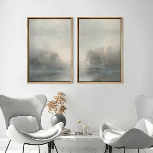 Miniatura 4 de MUDECOR Lienzo enmarcado para pared, bosque brumoso, reflejos, paisaje tranquilo, ilustraciones modernas, arte decorativo, bohemio, tranquilo/zen