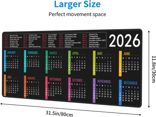 Miniatura 5 de Calendario 2026 con alfombrilla de mouse de vacaciones XL extendida, base de goma antideslizante con borde cosido, alfombrilla de mouse grande
