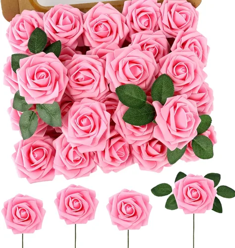 Miniatura 14 de MACTING 30 Rosas Artificiales Blancas Flores Falsas con Tallo Rosas de Espuma de Tacto Real para DIY Arreglos de Ramo de Boda Centros de Mesa White-1